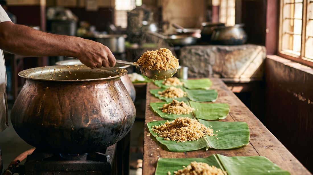 Bhai veetu wedding biryani served from a huge degh onto a row of banana leaves