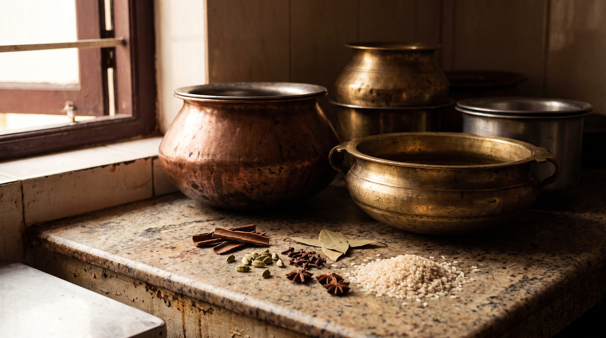 Old brass and copper cooking vessels with whole spices and rice on stone, biryani heritage