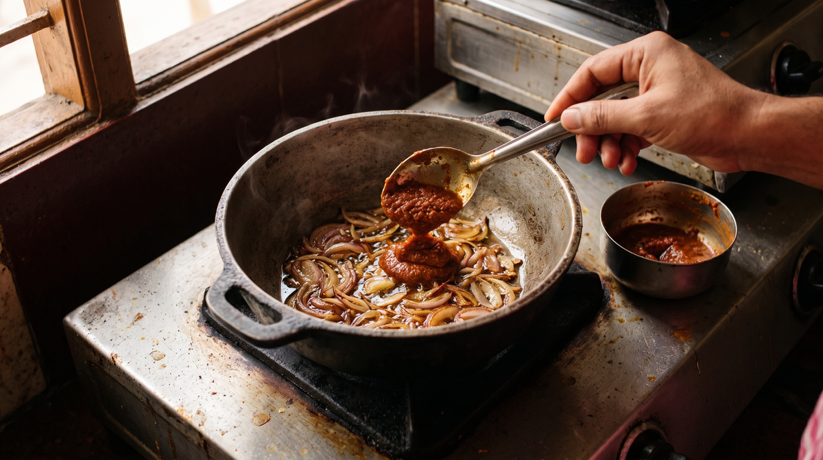 Hands spooning thick biryani masala paste into a pot of browned onions
