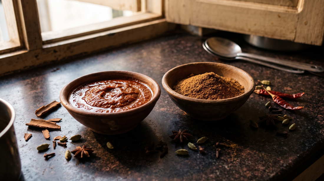 Wet biryani masala paste beside dry biryani masala powder with whole spices around