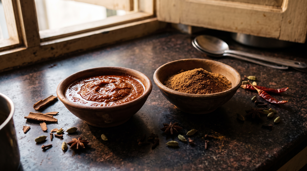 Wet biryani masala paste beside dry biryani masala powder with whole spices around