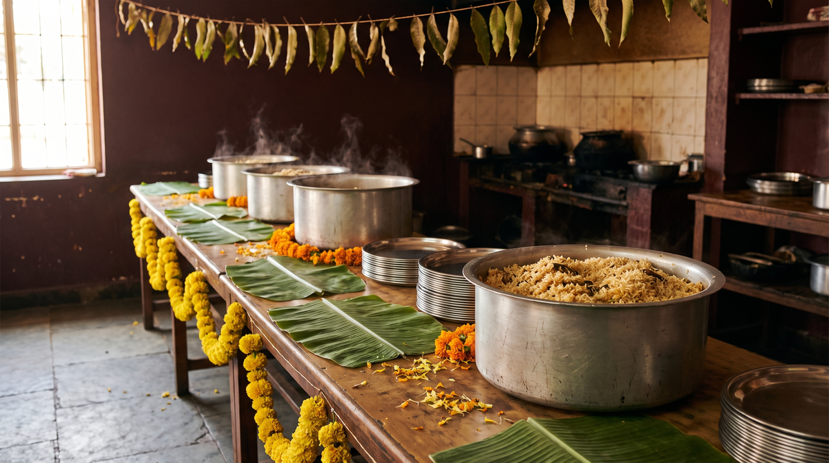 Party table with large biryani vessels and stacks of plates, planning quantity per person