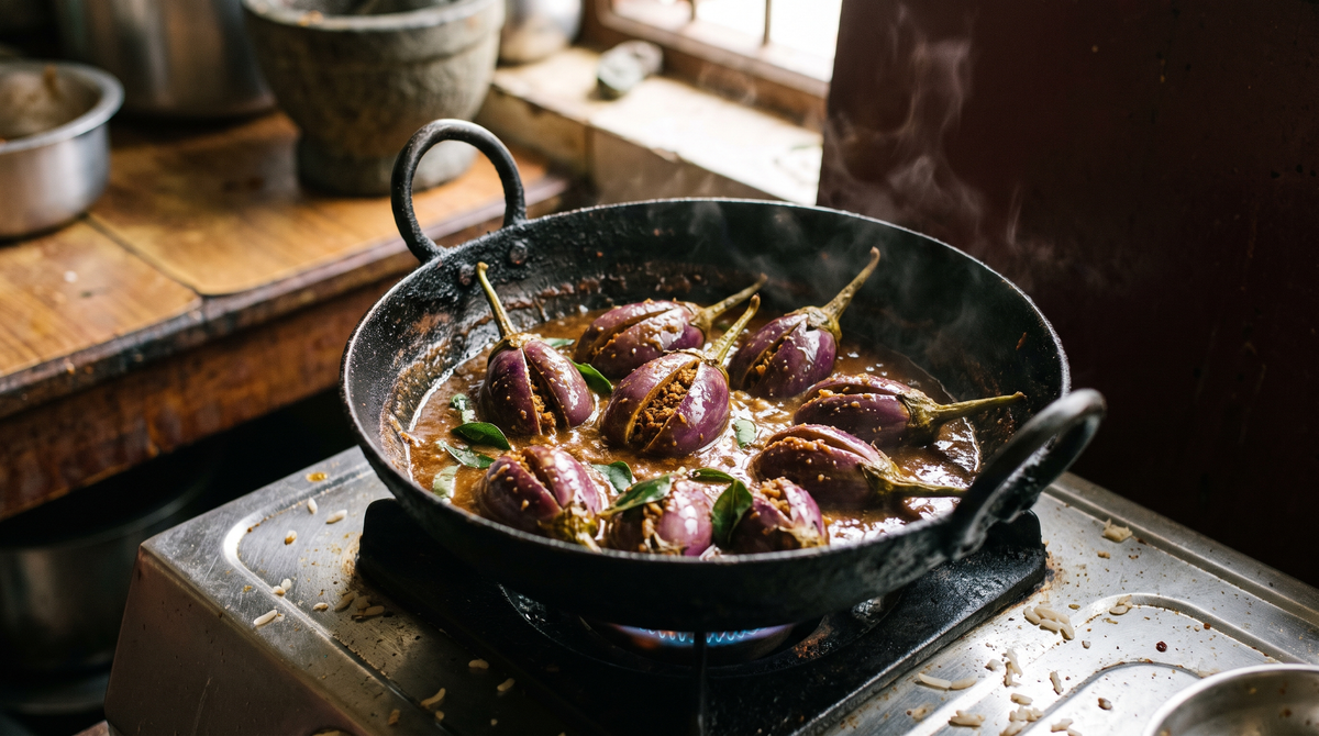 Ennai kathirikai: small stuffed brinjals in glossy dark tamarind gravy in a kadai