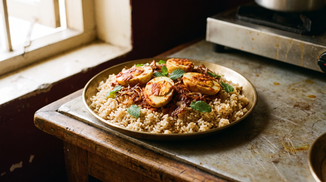 South Indian egg biryani topped with masala-roasted boiled eggs and fried onions