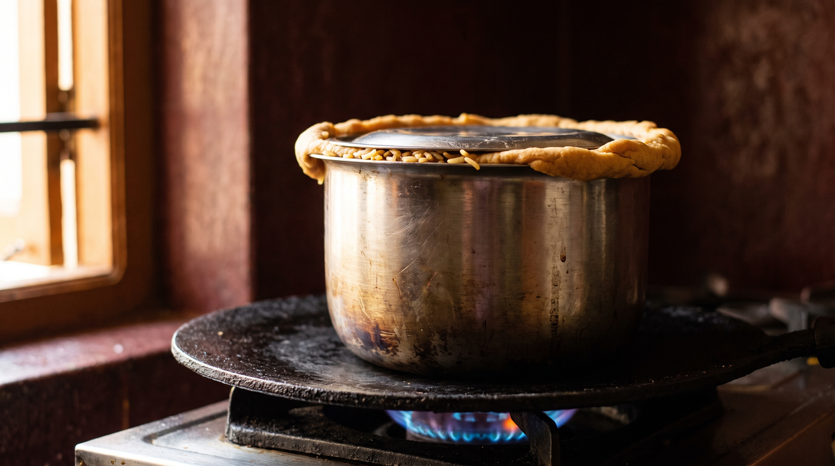 Home biryani pot sealed with dough on an iron tawa over a gas flame, dum cooking at home