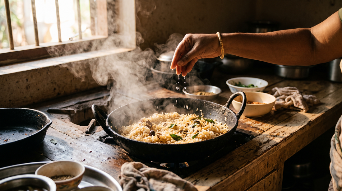 Leftover biryani reheating in a pan with a sprinkle of water, steam rising