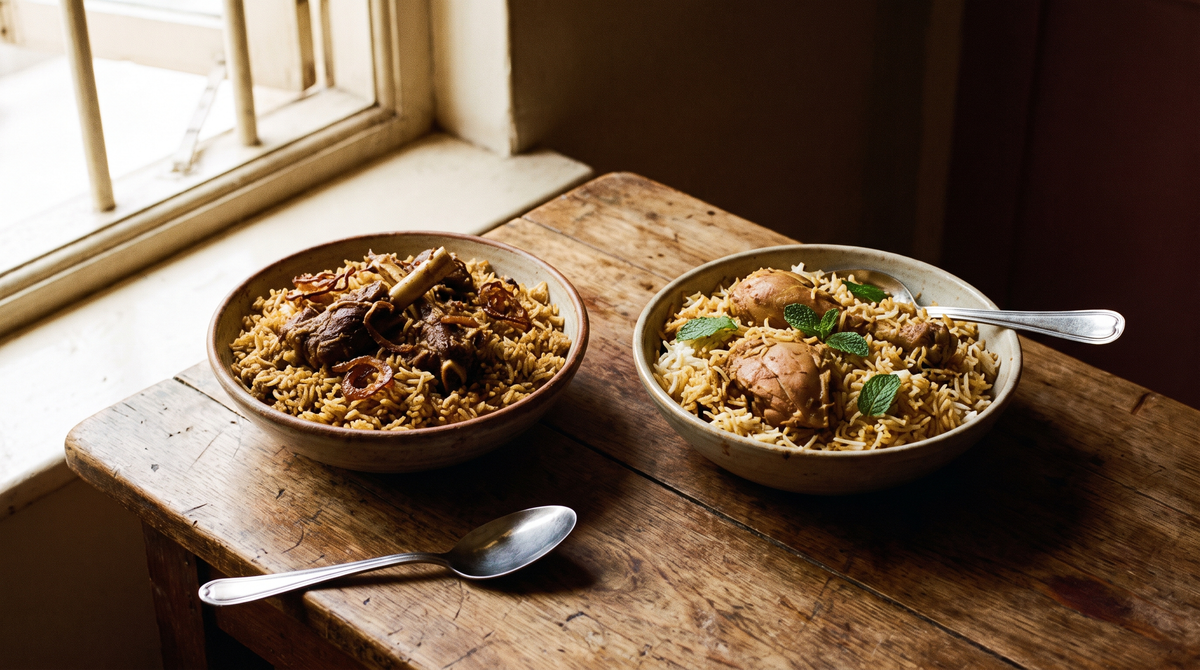 Mutton biryani and chicken biryani in two bowls side by side, comparing the two