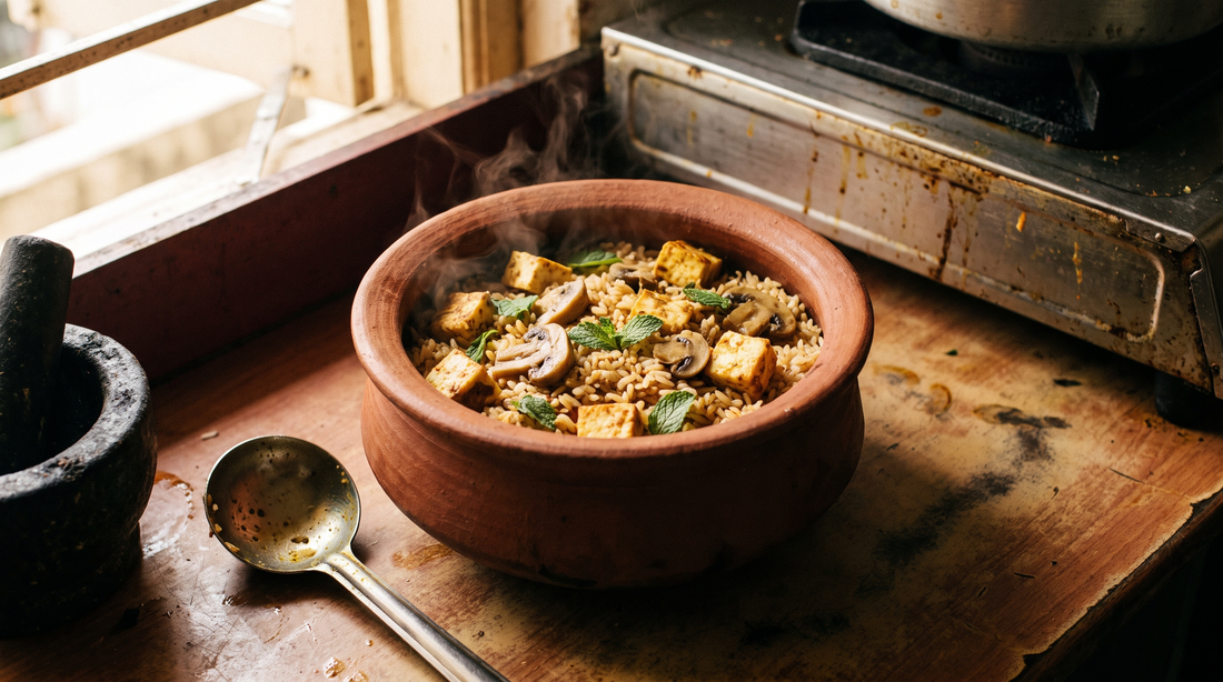 Paneer and mushroom veg biryani with mint leaves in a clay pot