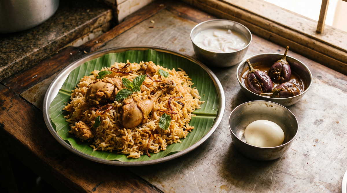Biryani plate with onion raita, brinjal curry and a boiled egg in small steel bowls