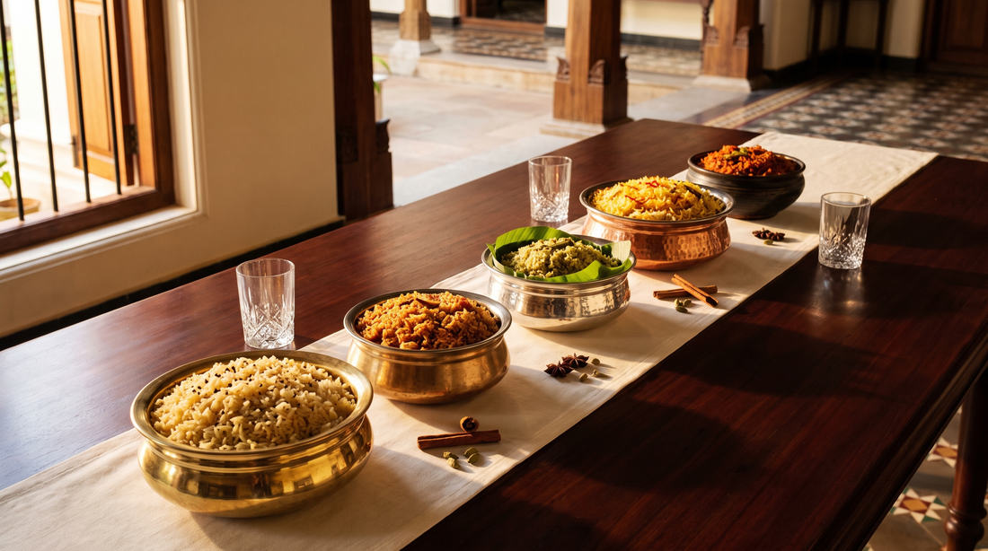 Five South Indian biryanis in polished brass, copper and silver vessels on a heritage teak table