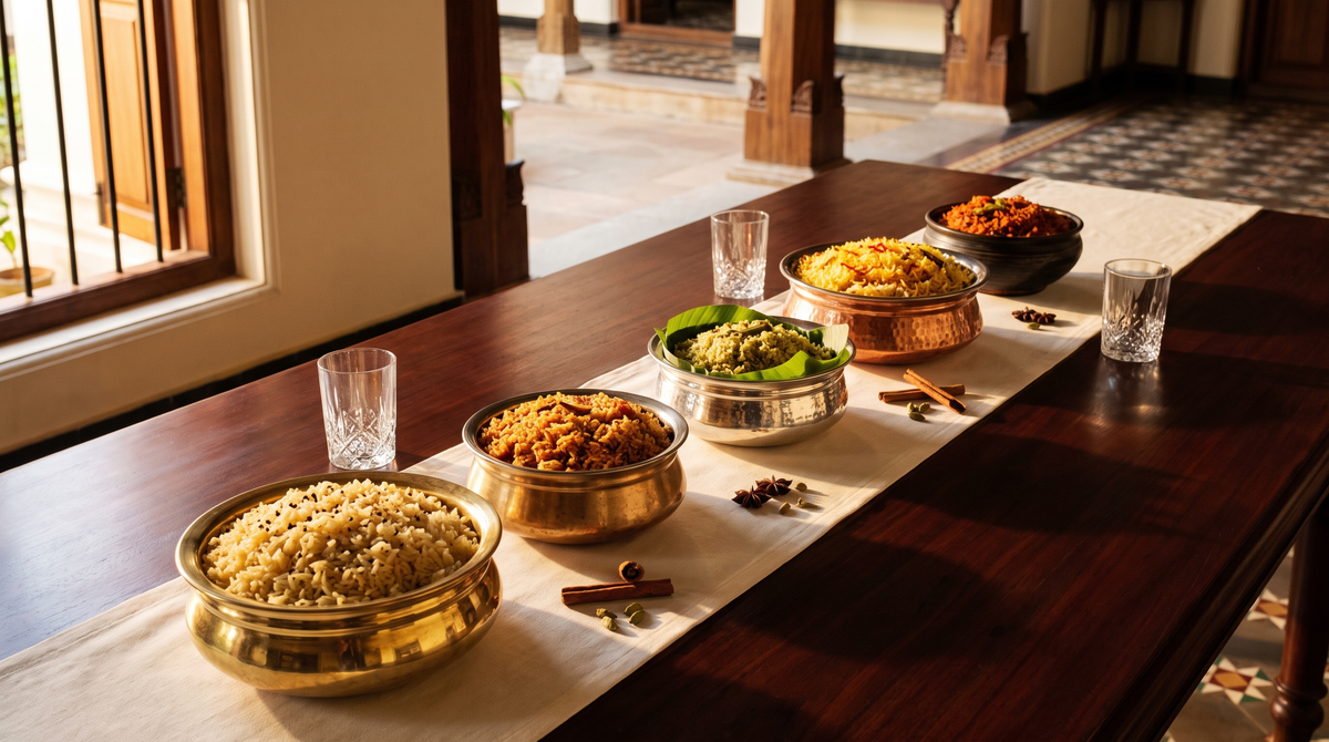 Five South Indian biryanis in polished brass, copper and silver vessels on a heritage teak table