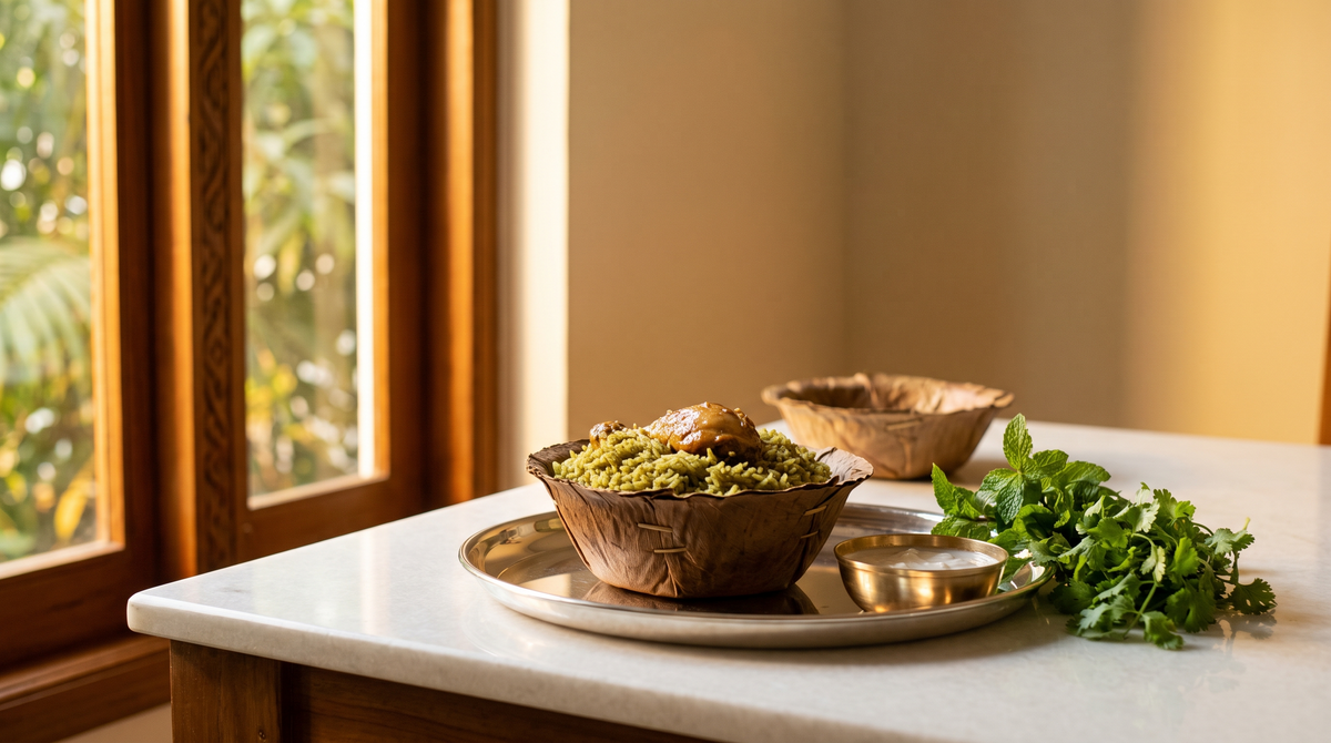Green-tinged donne biryani in an areca-leaf cup on a silver thali, marble table, golden light
