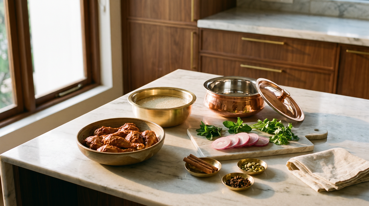 Biryani prep on a marble kitchen island: marinated chicken, soaked rice, a copper pot
