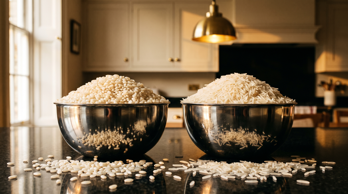 Seeraga samba and basmati rice in two silver bowls on black granite, short vs long grains