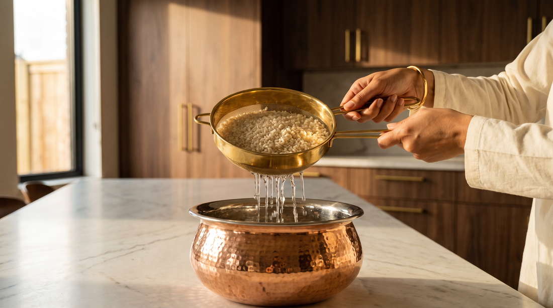 Soaked seeraga samba rice draining through a brass sieve over a copper pot in a marble kitchen