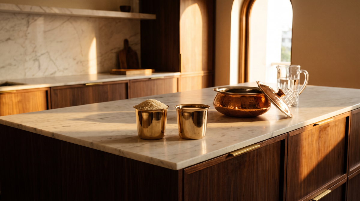 Kansa cups of rice and water beside a copper handi on marble, the biryani rice to water ratio