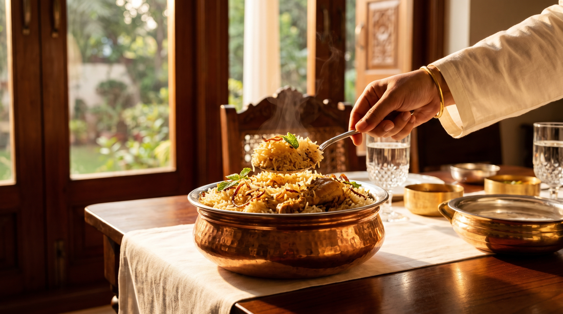Silver spoon lifting fluffy, separate biryani rice from a copper handi at a formal dining table