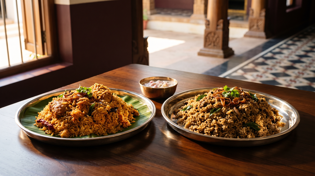 Ambur and Dindigul biryani on two silver thalis lined with banana leaf in a Chettinad hall