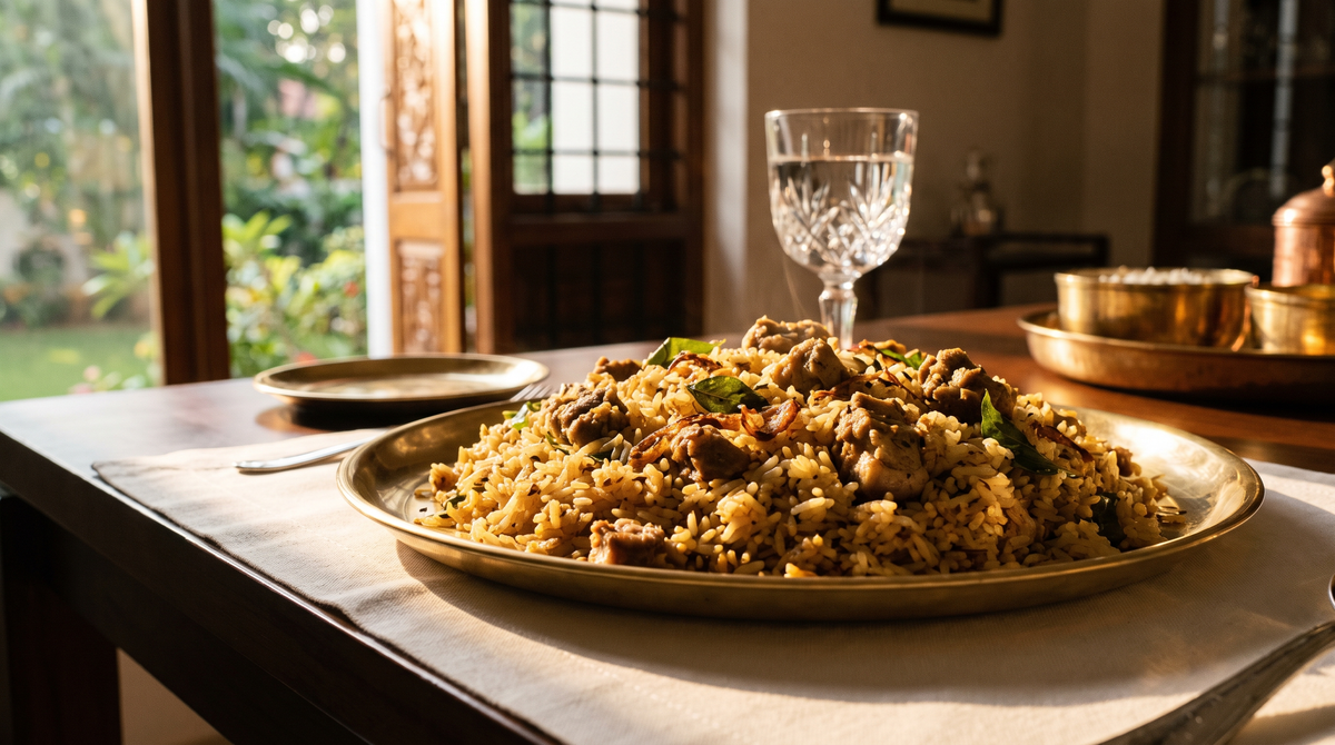 Dindigul mutton biryani heaped on a polished brass plate, black pepper and short grains