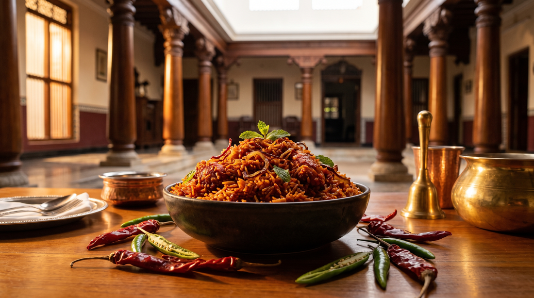 Fiery red Andhra-style biryani in a dark stoneware bowl with red and green chillies, courtyard