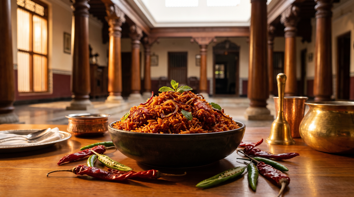 Fiery red Andhra-style biryani in a dark stoneware bowl with red and green chillies, courtyard