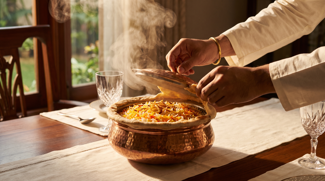 Hyderabadi dum biryani copper handi with its dough seal broken, saffron long-grain rice