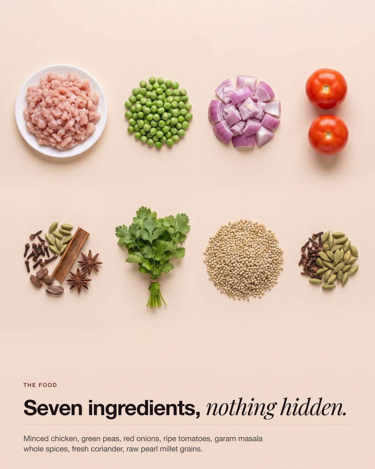 The ingredients that go into Chicken Keema Breakfast Bowl, laid out