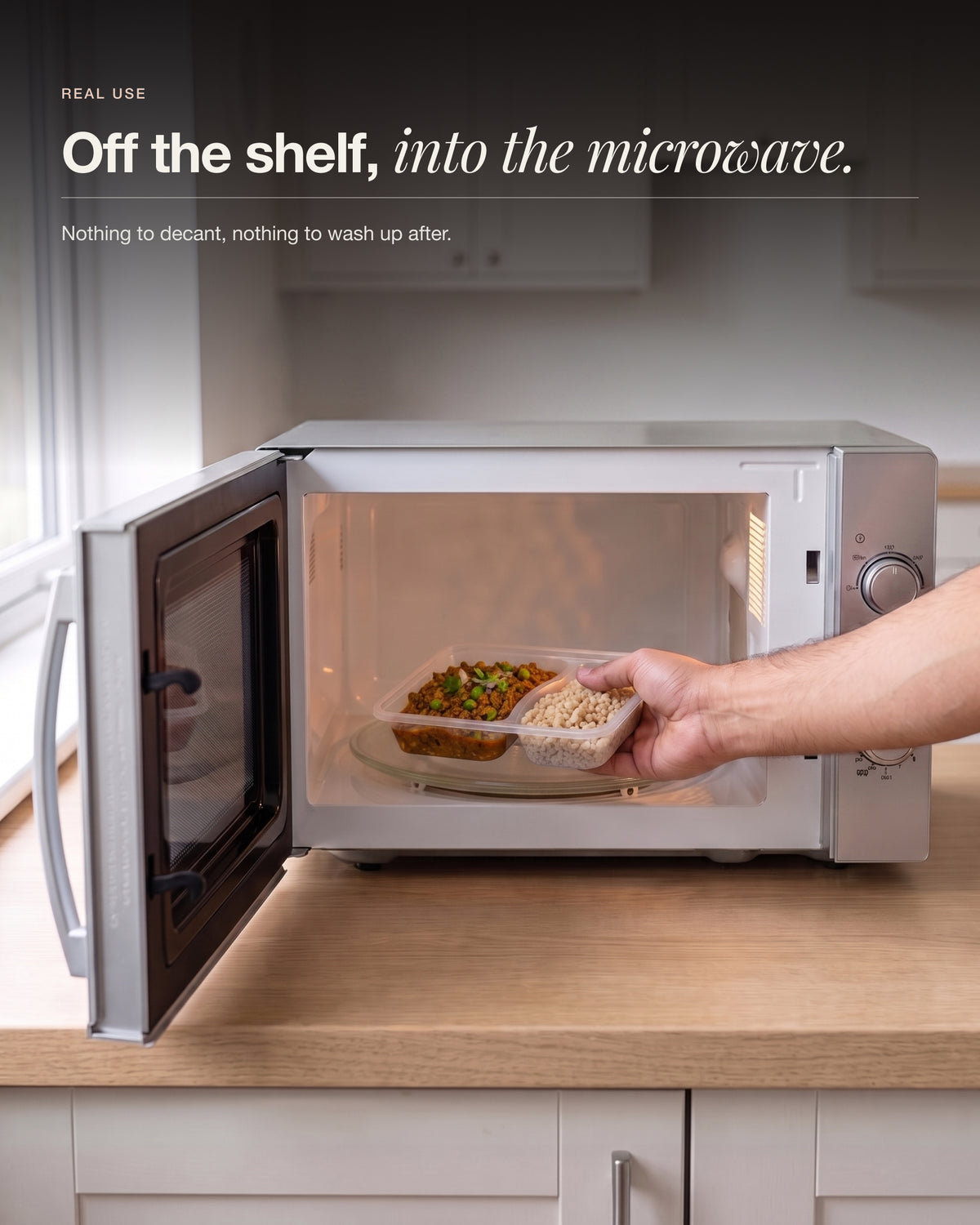 Chicken Keema Breakfast Bowl going straight from the shelf into the microwave