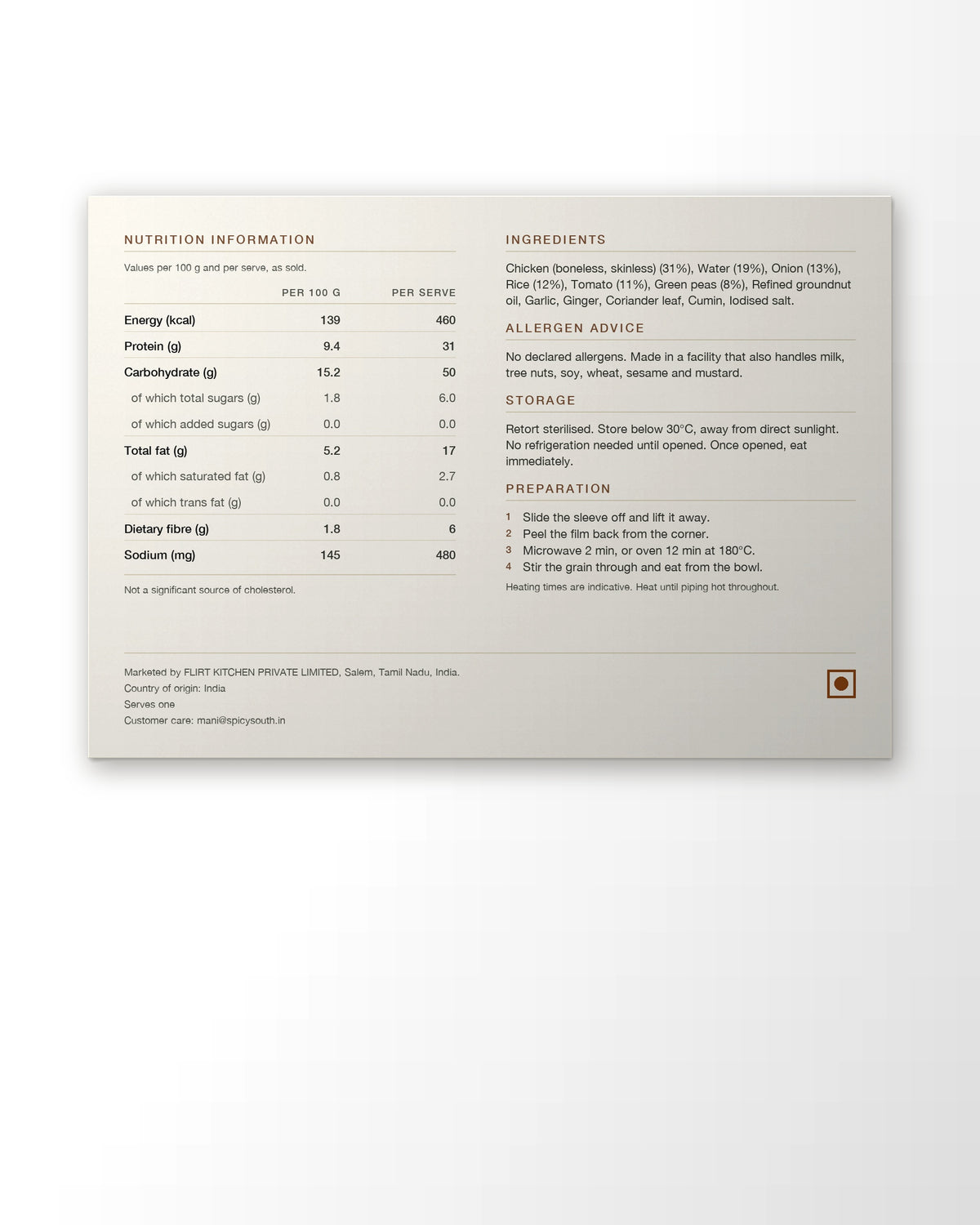 Chicken Keema, the printed nutrition, ingredients and preparation panel, rice serve