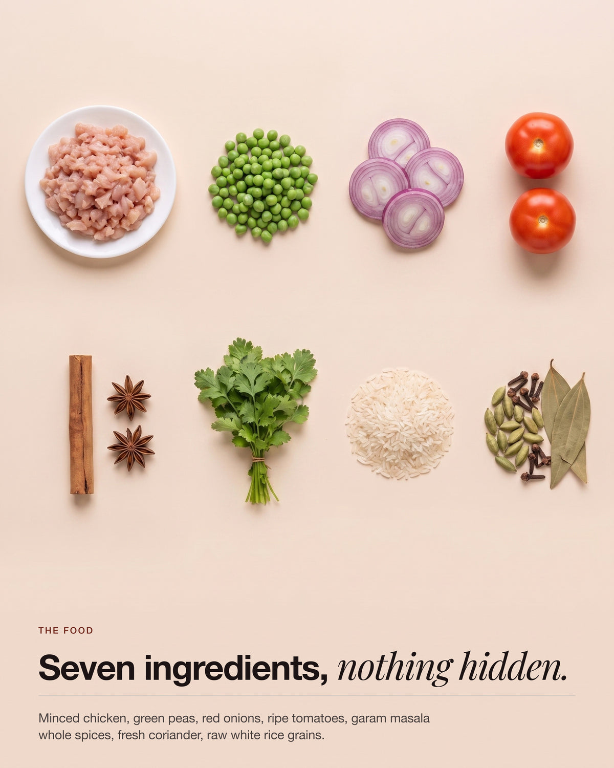 Chicken Keema Breakfast Bowl, ingredients laid out flat on a plain ground: chicken keema and its spices, with raw rice grains