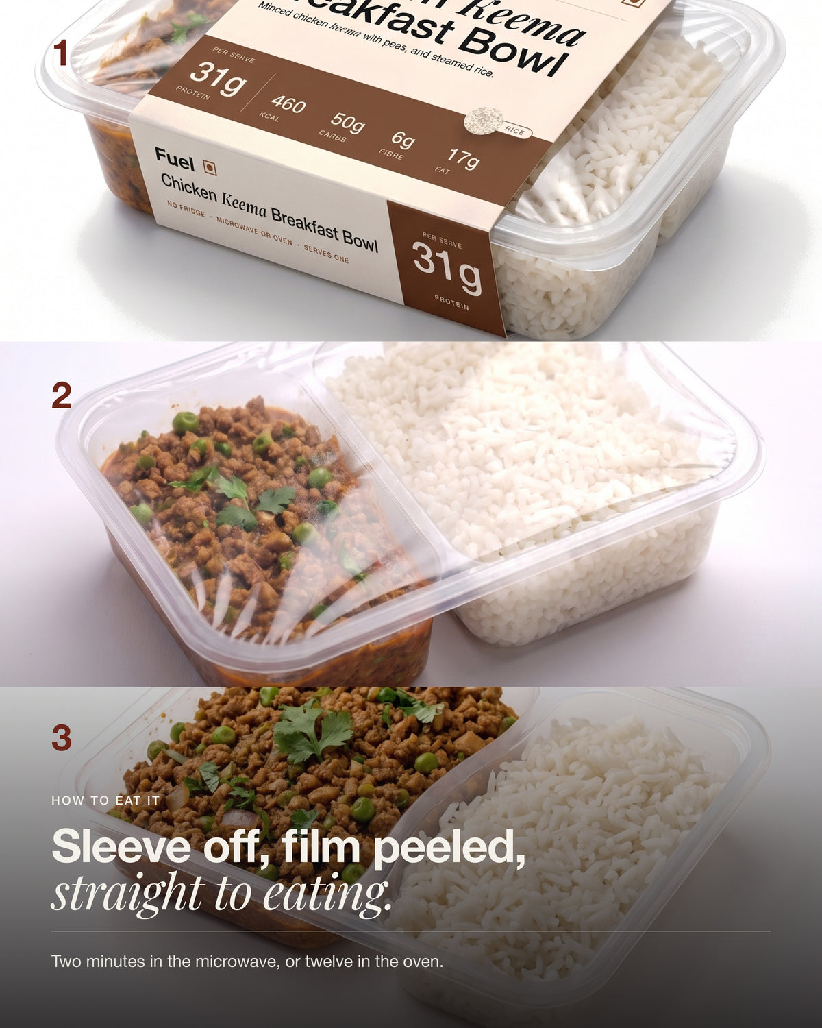 Chicken Keema Breakfast Bowl, three-step method strip: peel the film, heat two minutes, eat from the tray