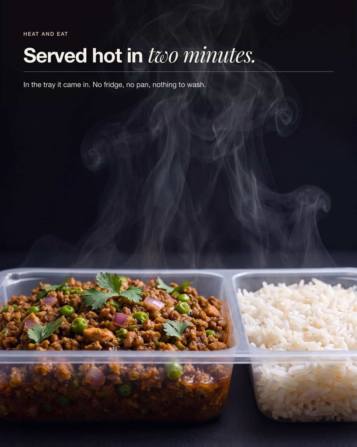 Chicken Keema Breakfast Bowl, opened tray steaming hot, chicken keema beside rice, served hot in two minutes