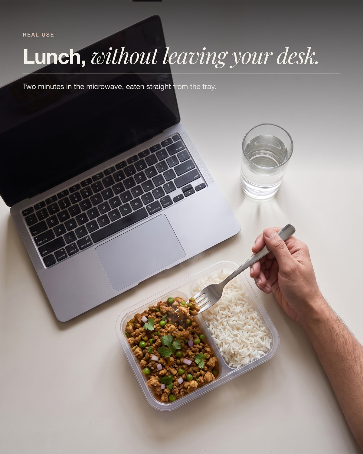 Chicken Keema Breakfast Bowl, eaten at a desk beside a laptop, lunch with no kitchen needed