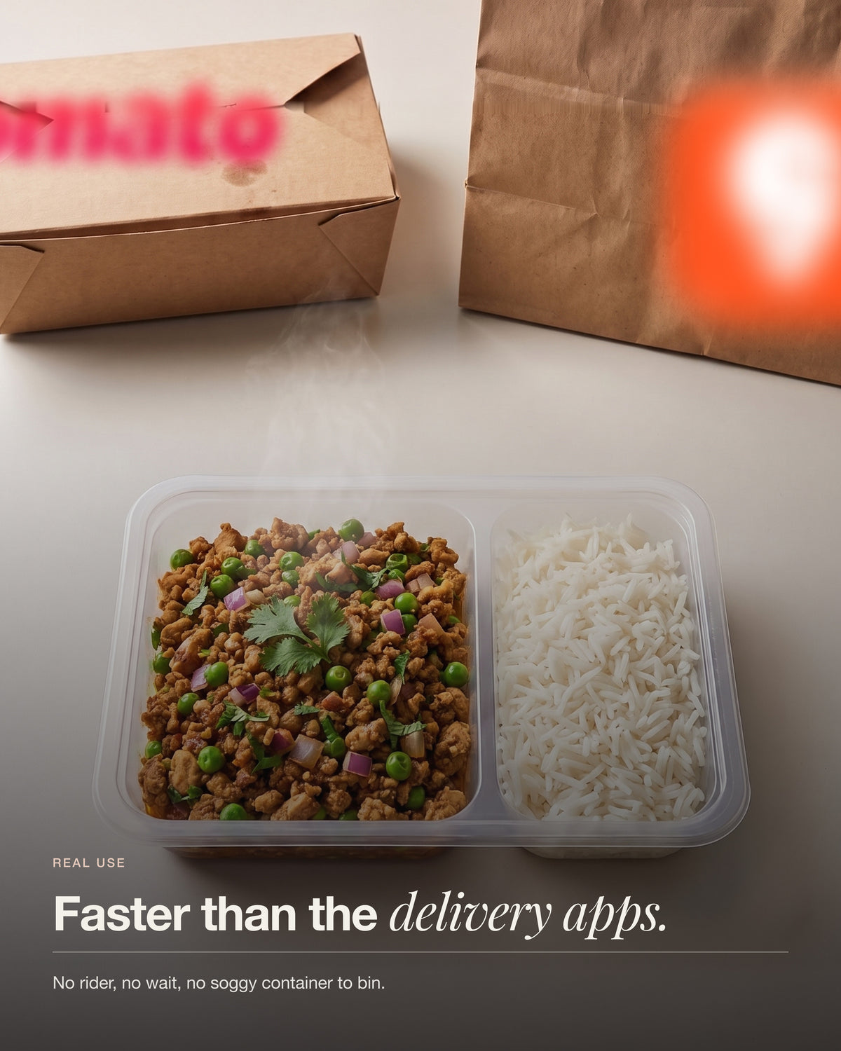 Chicken Keema Breakfast Bowl, tray beside a takeaway box and delivery bag, faster than a delivery app, no wait