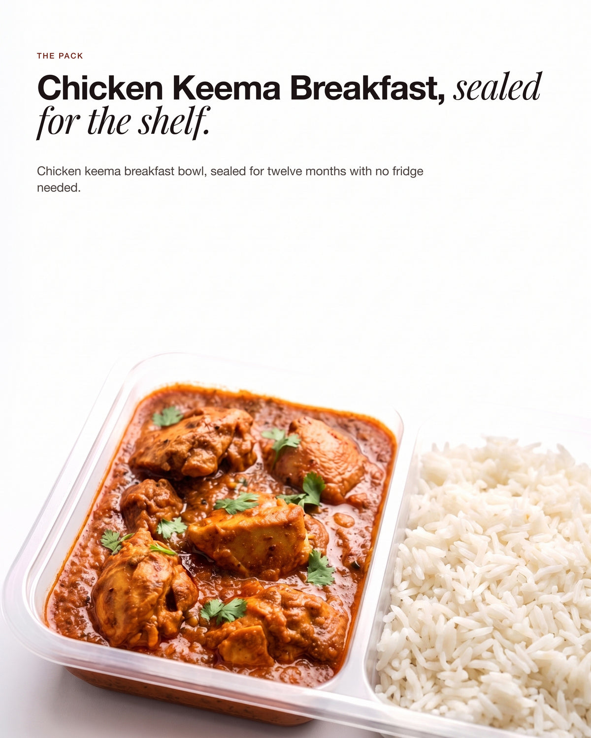 Chicken Keema Breakfast Bowl, close-up of chicken keema, with steamed rice, ready to eat