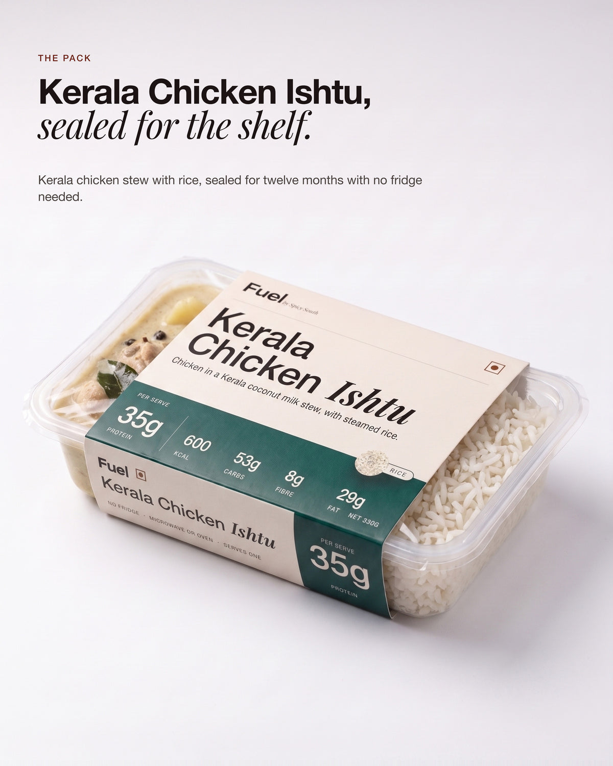 Kerala Chicken Ishtu, sealed tray on white with the printed sleeve, ready for the shelf