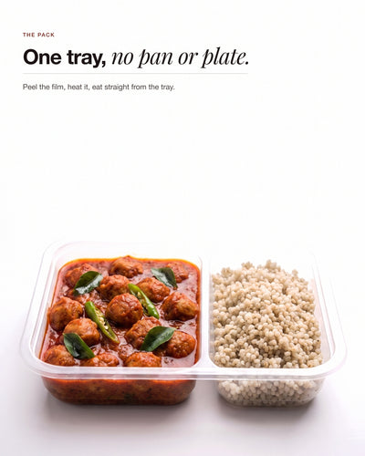 Andhra Chilli Soya in its two compartment tray, gravy beside pearl millet