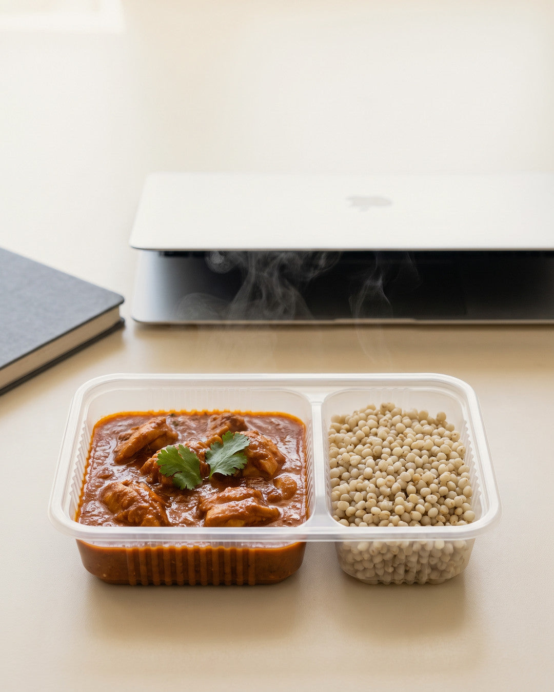 An open Fuel meal tray steaming on an ordinary desk beside a closed laptop, a notebook and a phone, at 1pm.