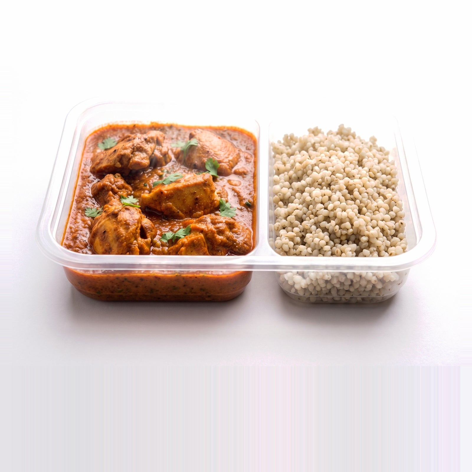 Butter Chicken (Makhani) Bowl, the open tray with makhani gravy beside pearl millet
