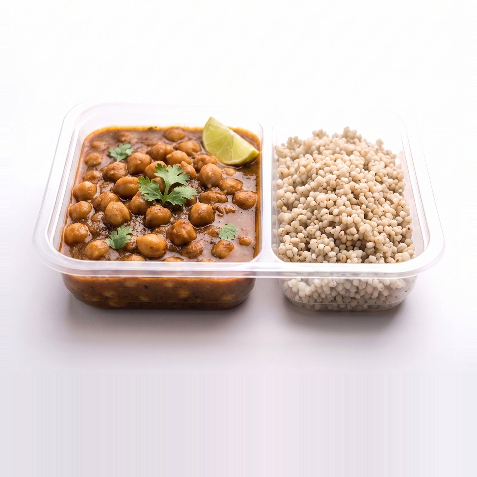 Punjabi Chole Bowl, the open tray with chole beside pearl millet