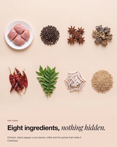The ingredients that go into Chettinad Pepper Chicken, laid out