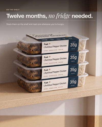 Chettinad Pepper Chicken packs stacked on a shelf, twelve months with no fridge