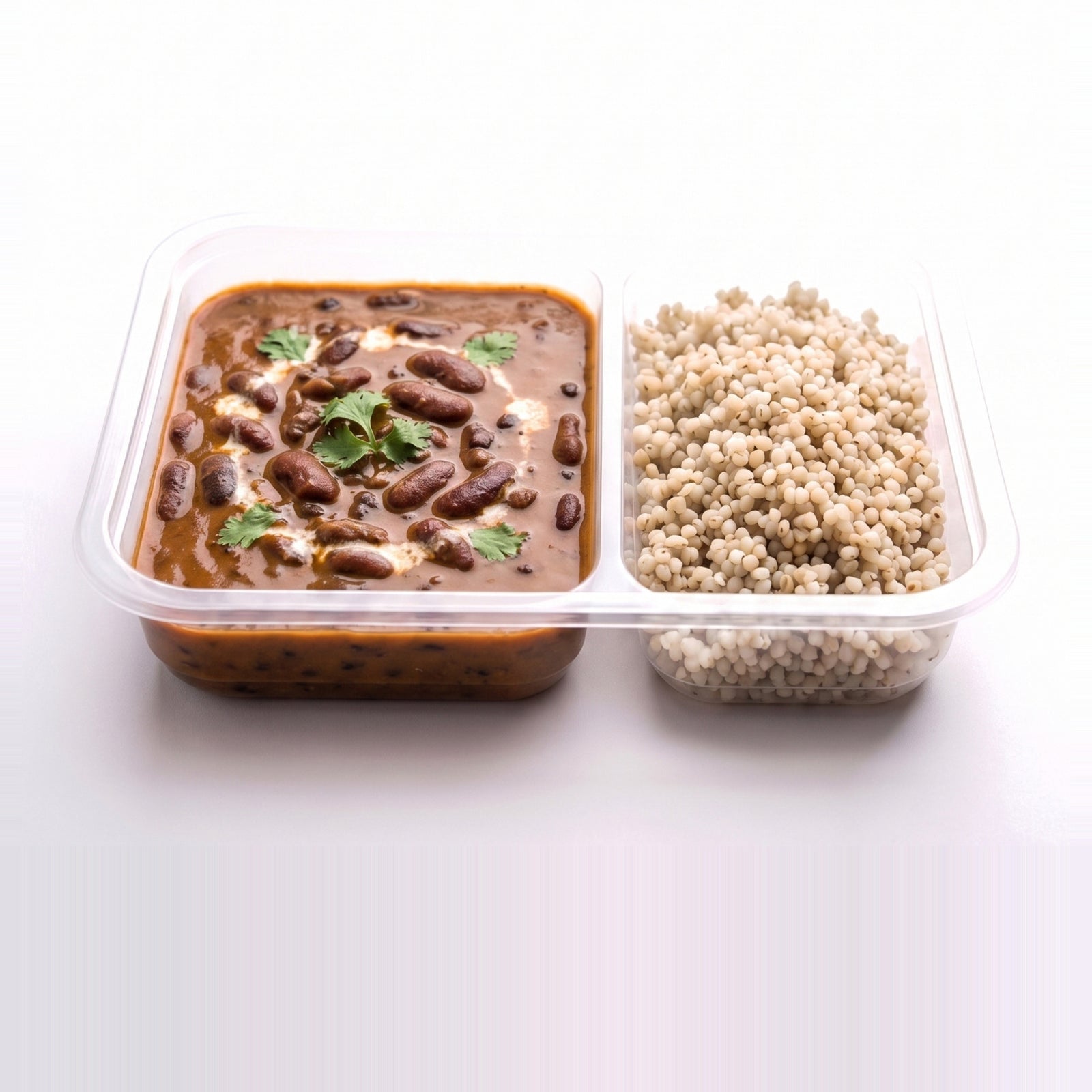 Dal Makhani Protein Bowl, the open tray with dal beside pearl millet