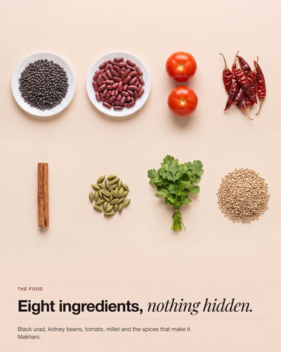 The ingredients that go into Dal Makhani Protein Bowl, laid out