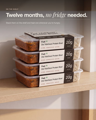 Dal Makhani Protein Bowls stacked on a shelf, twelve months with no fridge