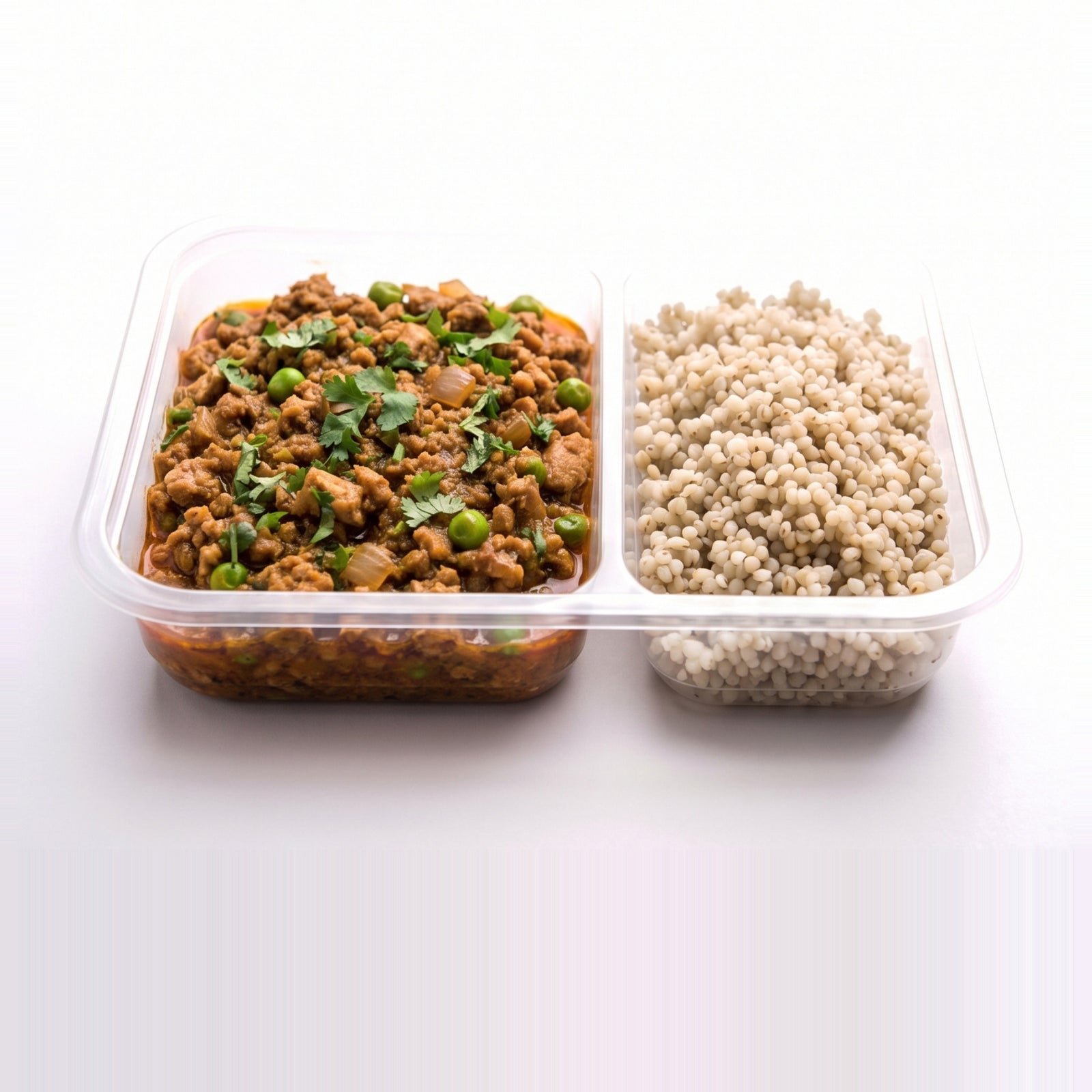 Chicken Keema Breakfast Bowl, the open tray with keema beside pearl millet