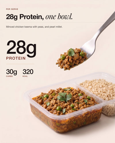 A forkful of chicken keema lifted from the open bowl
