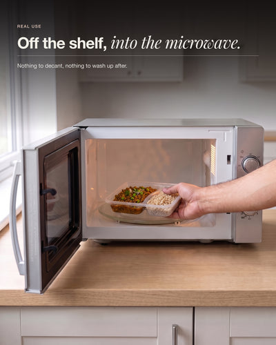 Chicken Keema Breakfast Bowl going straight from the shelf into the microwave