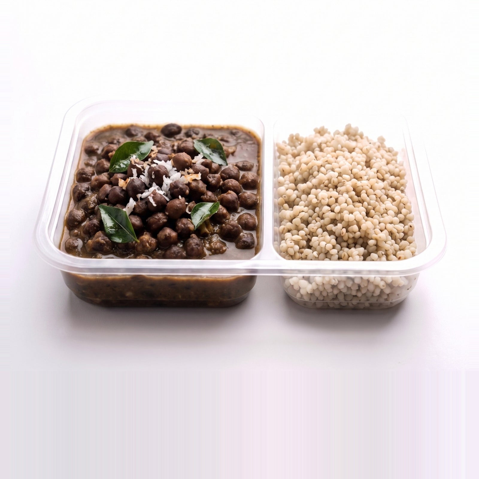 Kadalai Black Chana Bowl, the open tray with black chana beside pearl millet