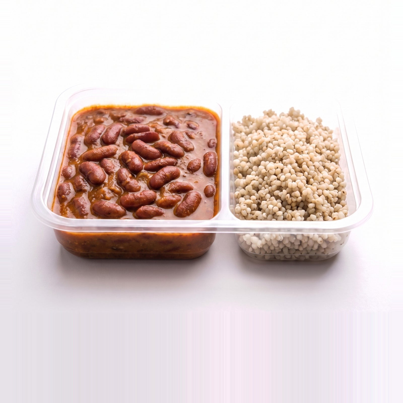Rajma Protein Bowl, the open tray with rajma beside pearl millet